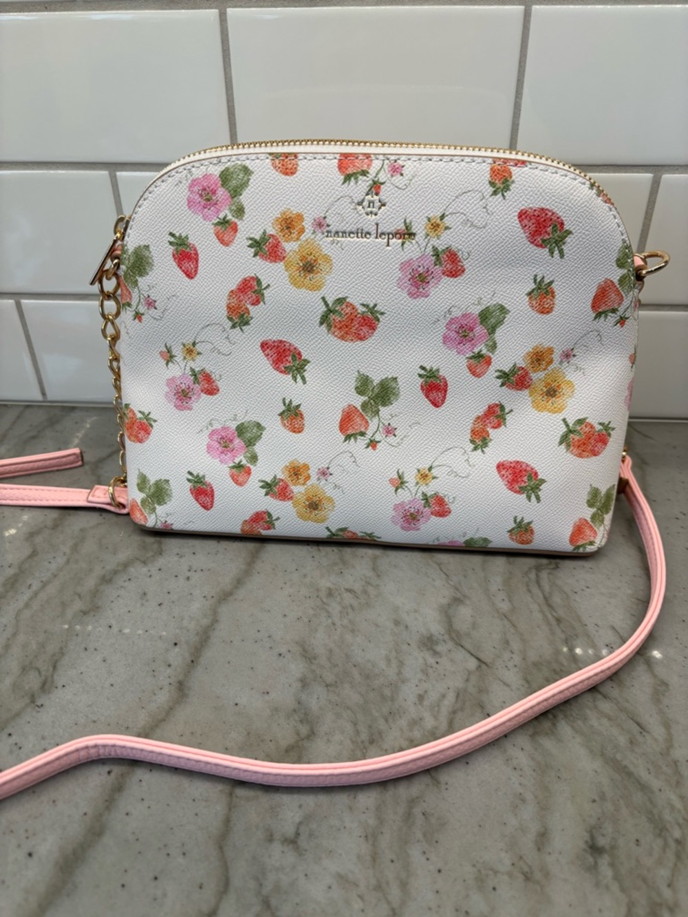Nanette Lepore White Floral Strawberry Crossbody with Pink Strap